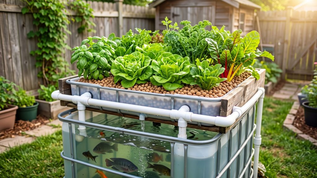 A thriving backyard DIY aquaponics system featuring a fish tank connected to a lush grow bed of healthy lettuce and basil.