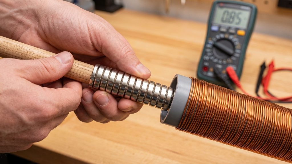 Hands assembling a homemade magnetic generator with a copper wire coil and neodymium magnets next to a multimeter.