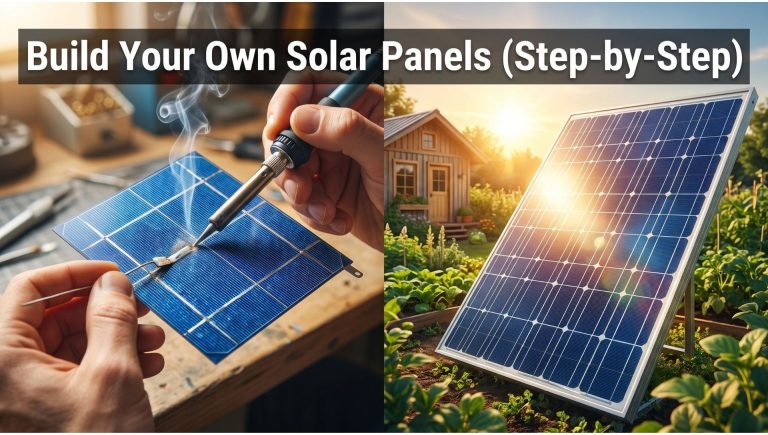A step-by-step DIY solar panel build showing bare polycrystalline cells being soldered for an off-grid home energy system.