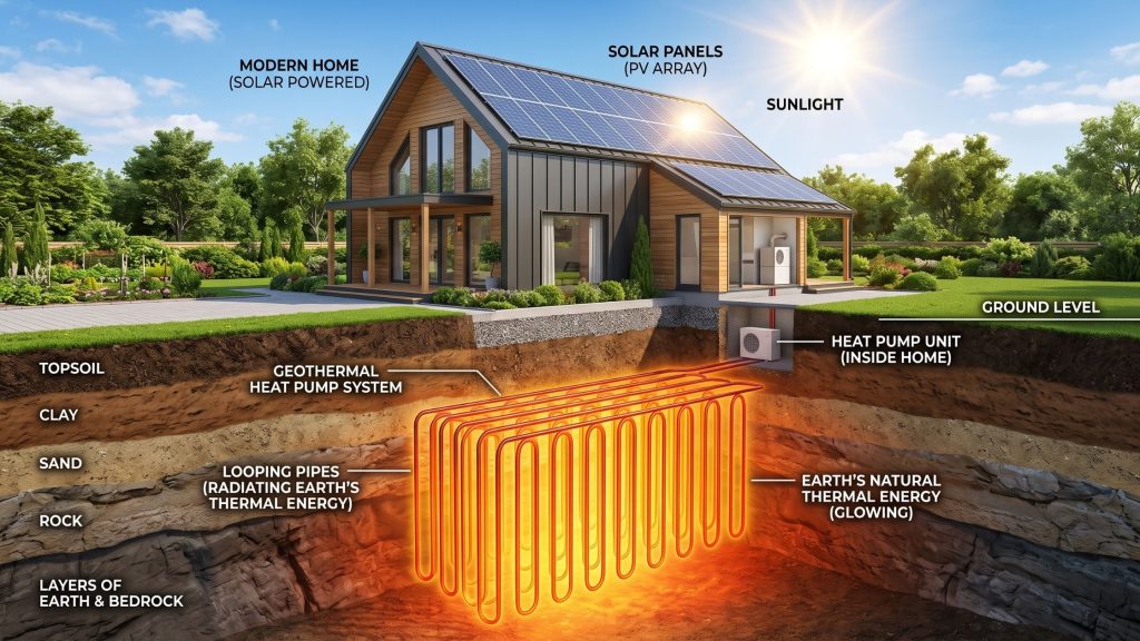 A cross-section of a sustainable home utilizing both geothermal and solar energy systems to generate clean power and heat.
