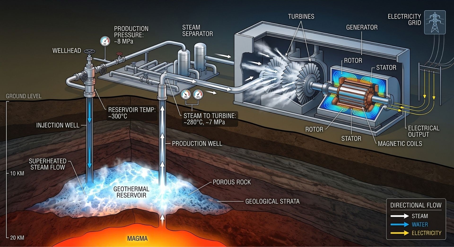 An infographic showing the flow of superheated steam from an underground geothermal reservoir up into a surface-level magnetic turbine generator.