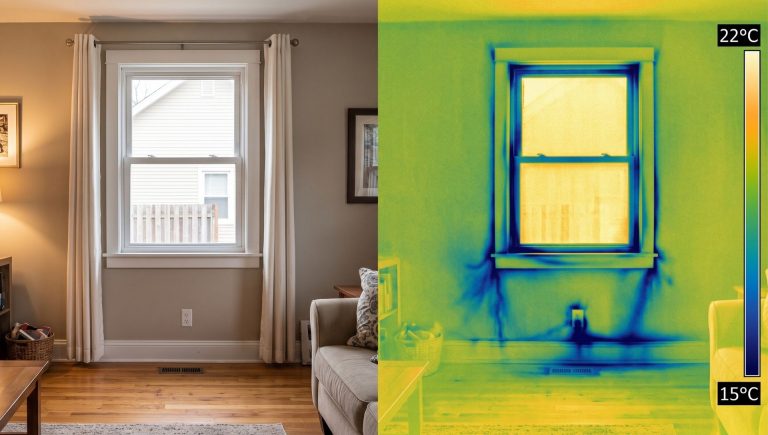 Thermal imaging camera revealing cold air leaks around a window and electrical outlet in a residential home.