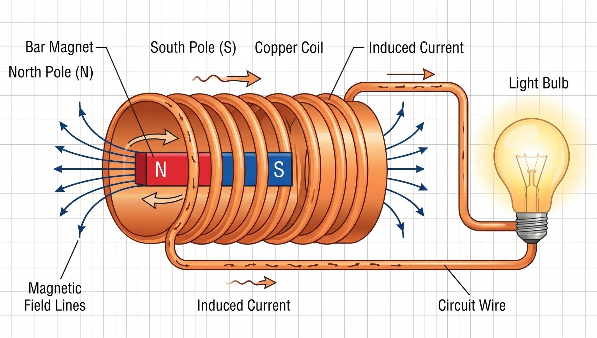 A diagram illustrating a bar magnet moving through a coiled copper wire to light up an attached bulb, demonstrating electromagnetic induction.