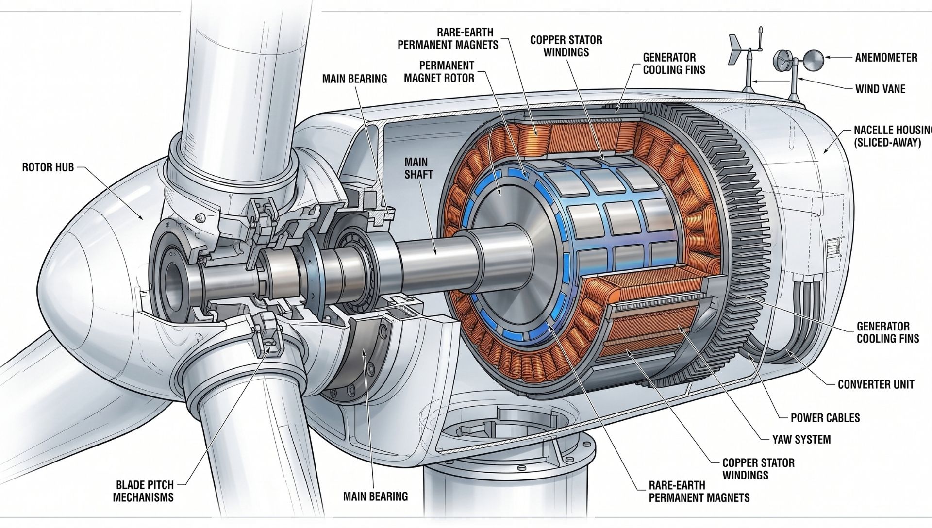 A cross-section diagram of a wind turbine nacelle, highlighting the rotor, the permanent magnet generator, and the internal copper stator.