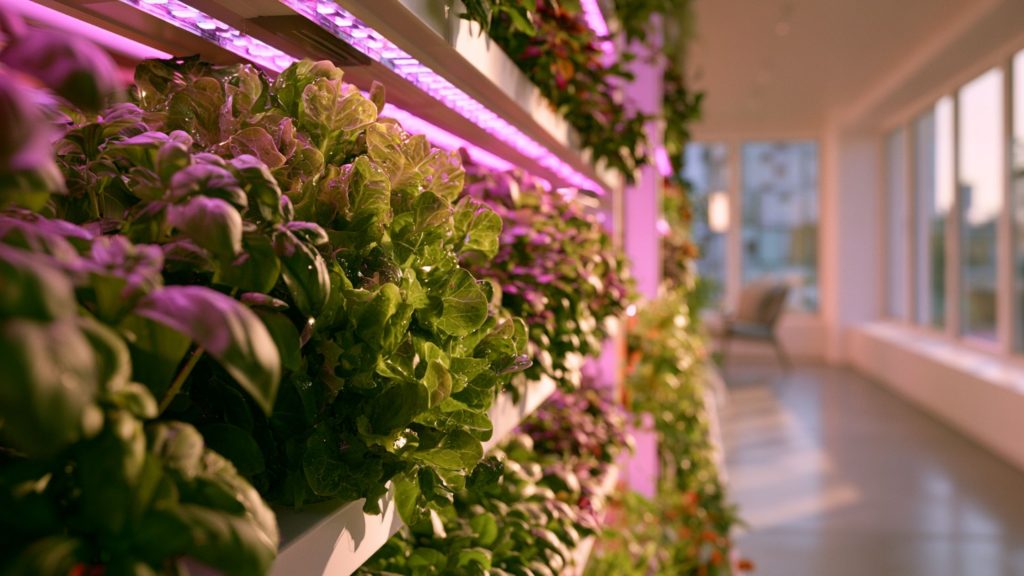 A lush vertical hydroponic gardening system growing fresh indoor lettuce and basil under LED grow lights.