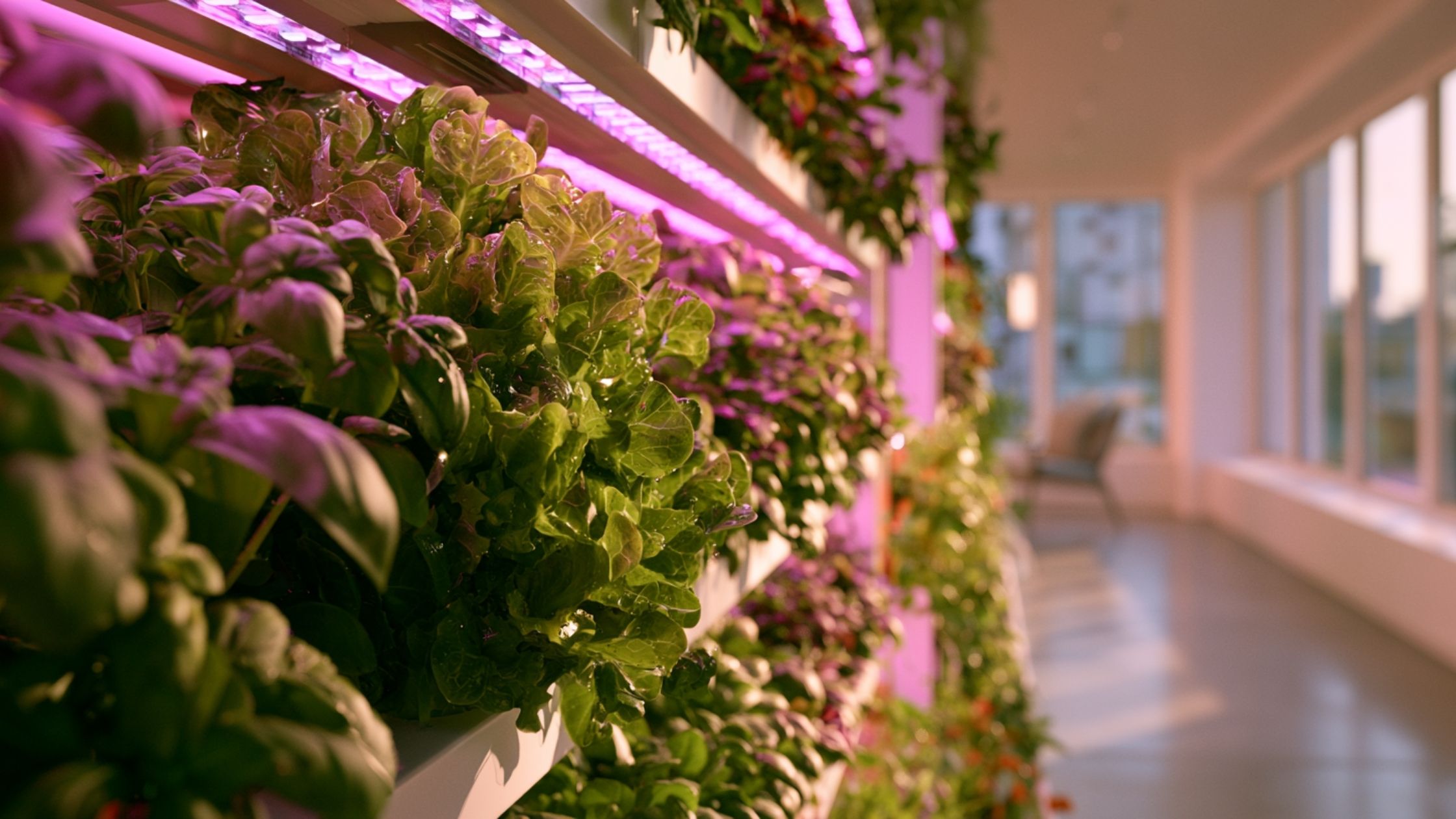 A lush vertical hydroponic gardening system growing fresh indoor lettuce and basil under LED grow lights.