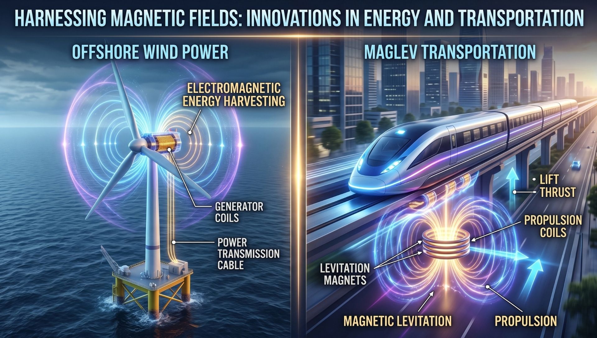 Conceptual illustration showing magnetism applications in sustainable energy systems, featuring a wind turbine and maglev train.