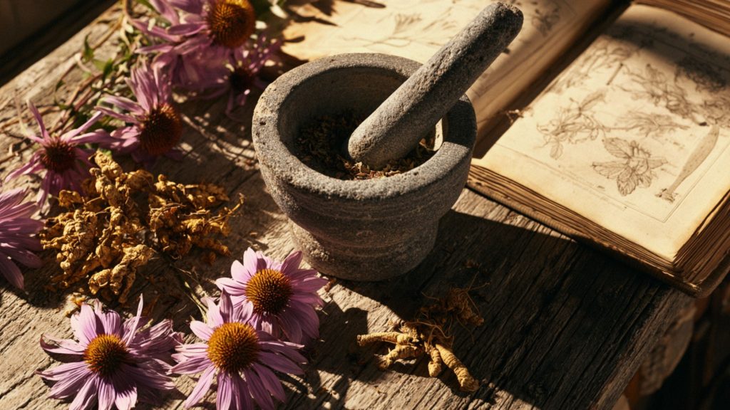 A rustic wooden table displaying fresh echinacea flowers, dried goldenseal roots, and a mortar and pestle used for traditional Cherokee plant medicine.