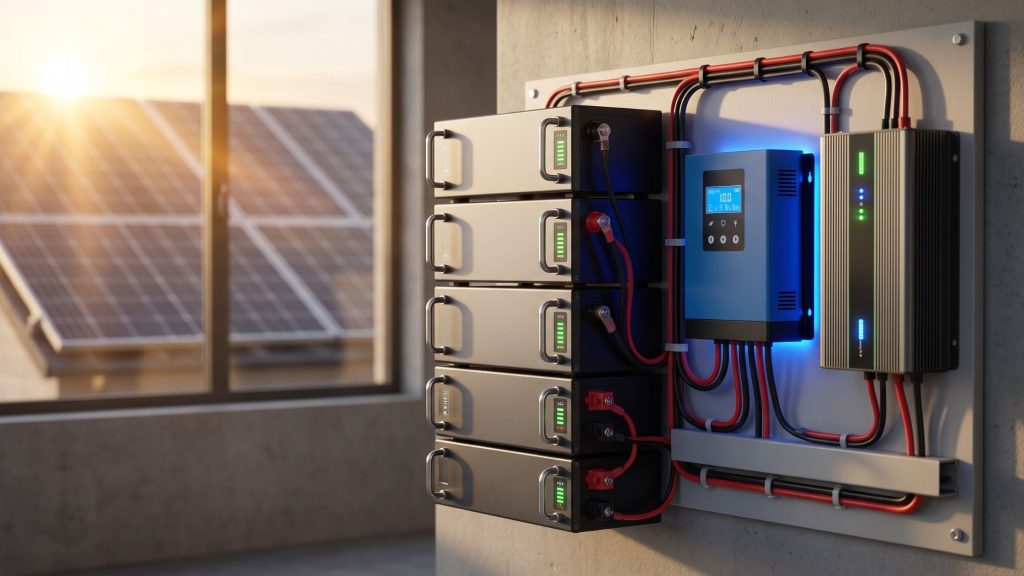 A neat off-grid solar battery bank connected to a charge controller and inverter.