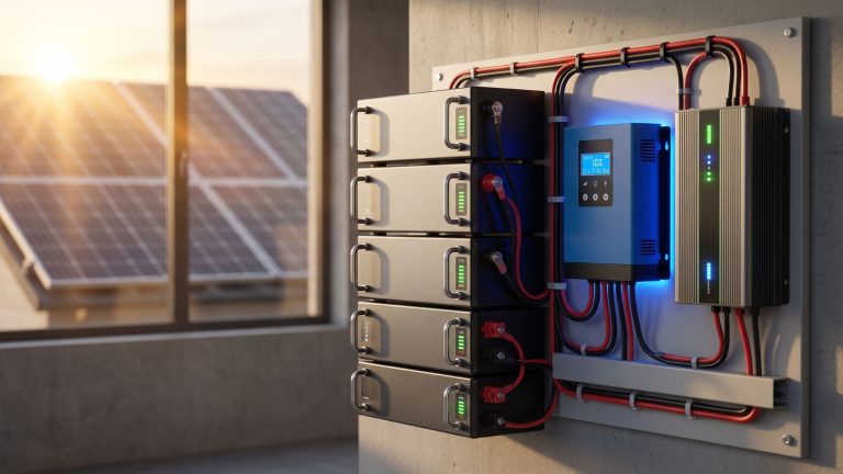 A neat off-grid solar battery bank connected to a charge controller and inverter.