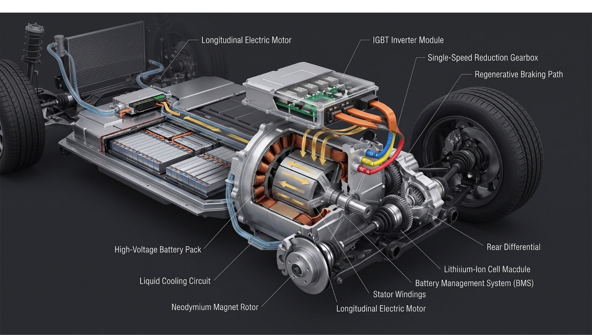 The undercarriage of a modern electric vehicle, focusing on the electric motor where magnets manage both propulsion and regenerative braking.