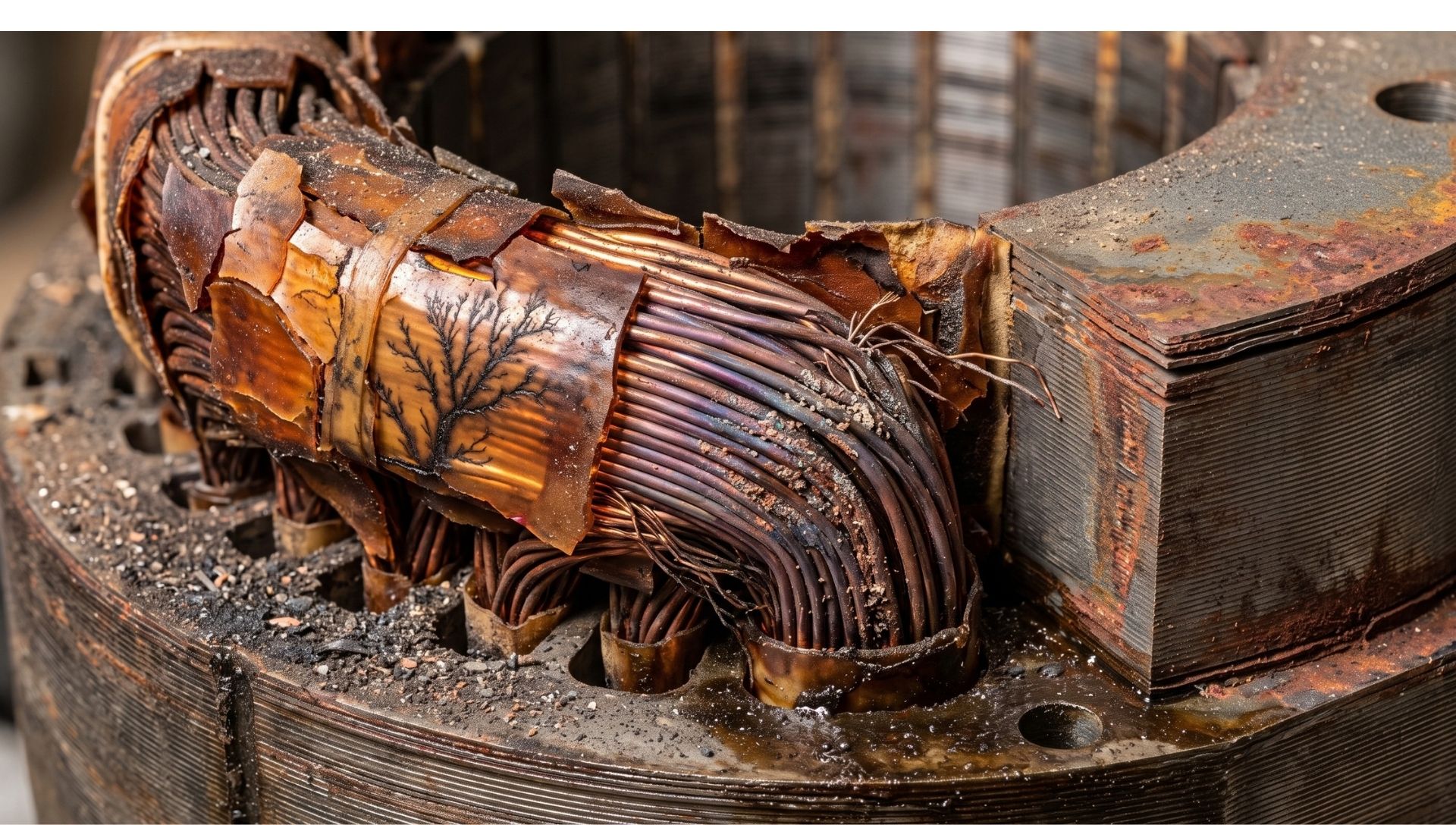 A close-up view of heat damage and wear on the copper stators and magnetic components of an aging industrial generator.