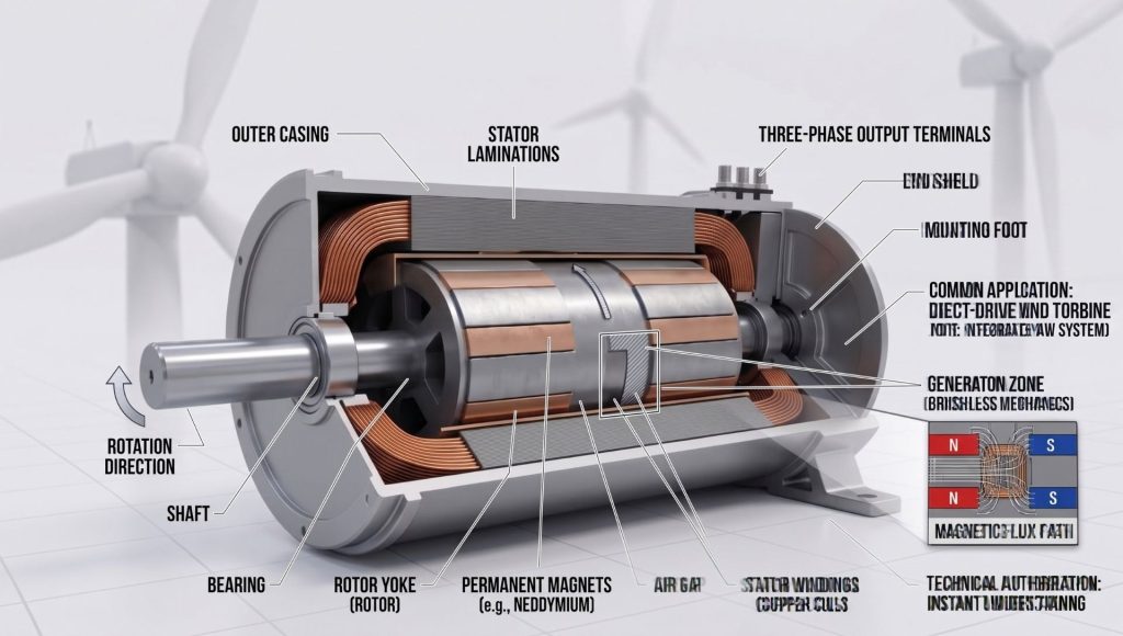 3D cutaway rendering of a radial permanent magnet generator showing the central shaft, magnetic rotor, and copper stator coils.