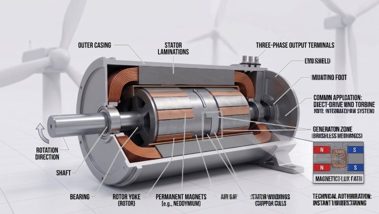 3D cutaway rendering of a radial permanent magnet generator showing the central shaft, magnetic rotor, and copper stator coils.