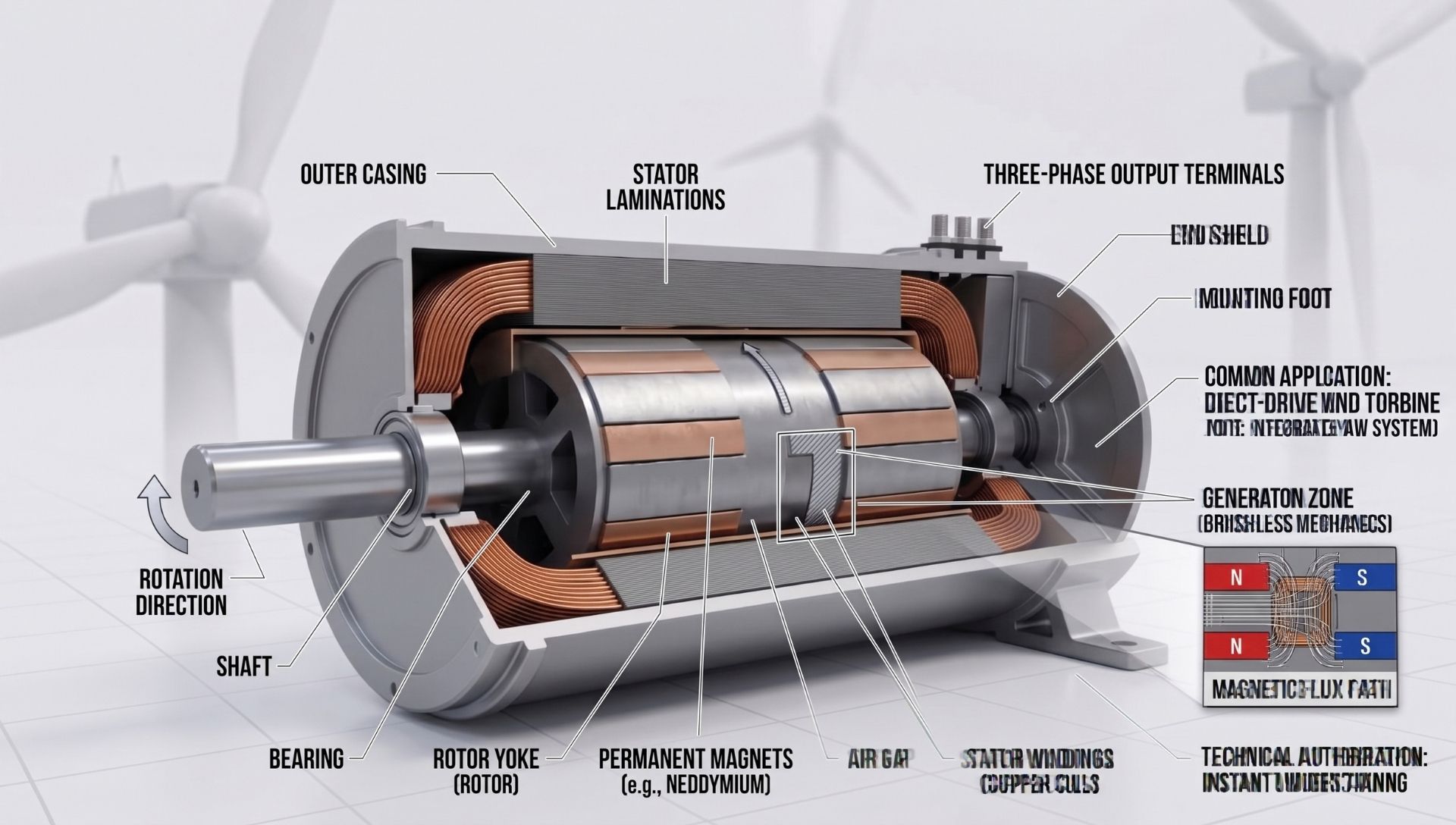 3D cutaway rendering of a radial permanent magnet generator showing the central shaft, magnetic rotor, and copper stator coils.