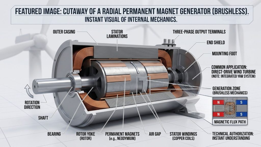 3D cutaway rendering of a radial permanent magnet generator showing the central shaft, magnetic rotor, and copper stator coils.