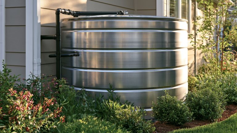 A modern residential rainwater storage tank connected to a home's gutter downspout system, used for sustainable landscaping irrigation.