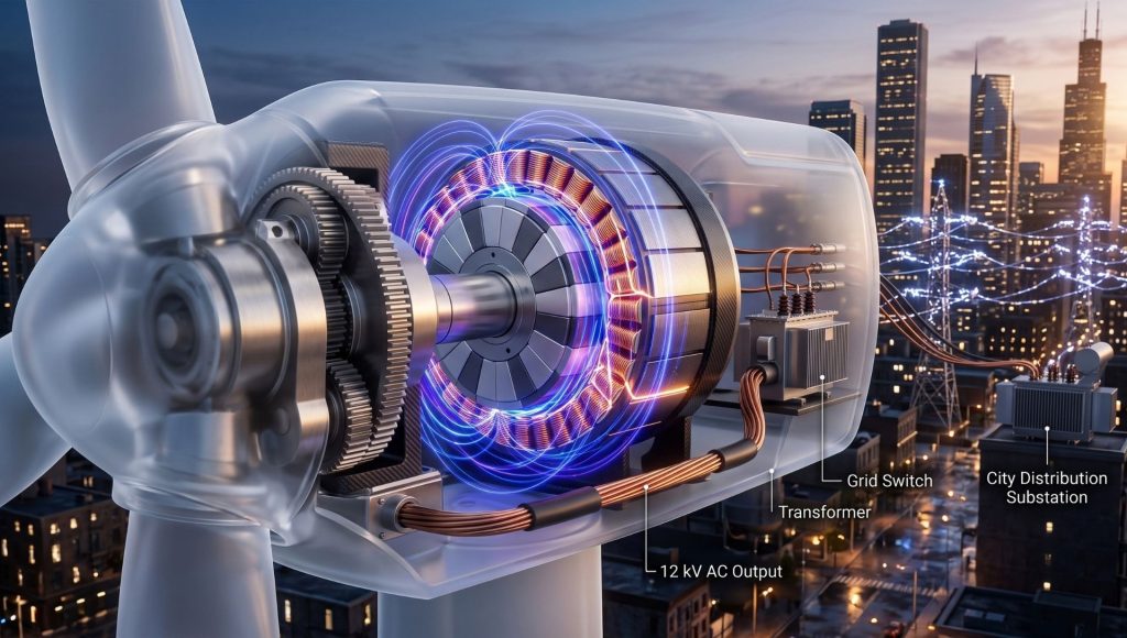 A transparent wind turbine generator showing permanent magnets and copper coils converting kinetic energy into electricity.