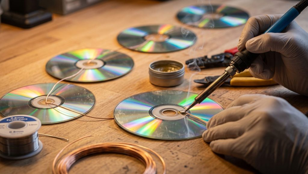 Soldering thin copper wire to old CDs to connect them in a series circuit for a renewable energy DIY project.