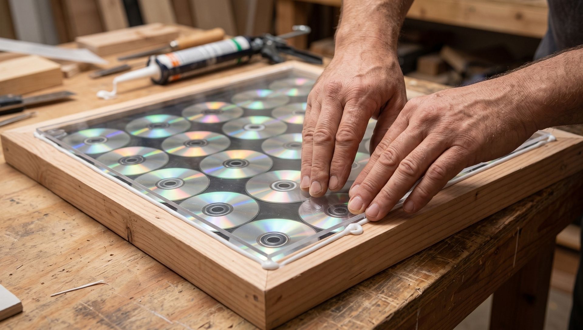 Sealing a finished DIY CD solar panel by pressing a transparent acrylic sheet onto a bead of silicone sealant.
