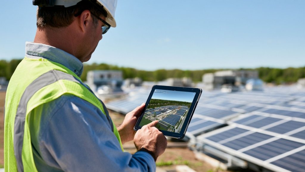 Solar engineer using a tablet for solar power system design and site assessment in front of a solar panel array.