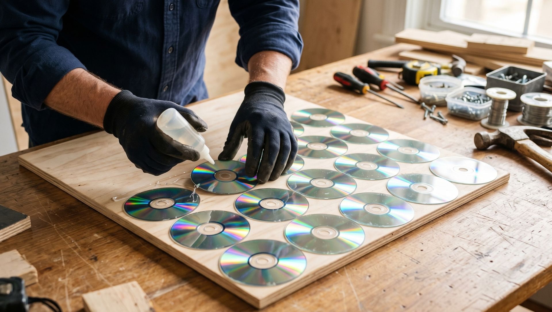 Arranging and gluing CDs in neat, evenly spaced rows with the shiny side up for a homemade solar panel.