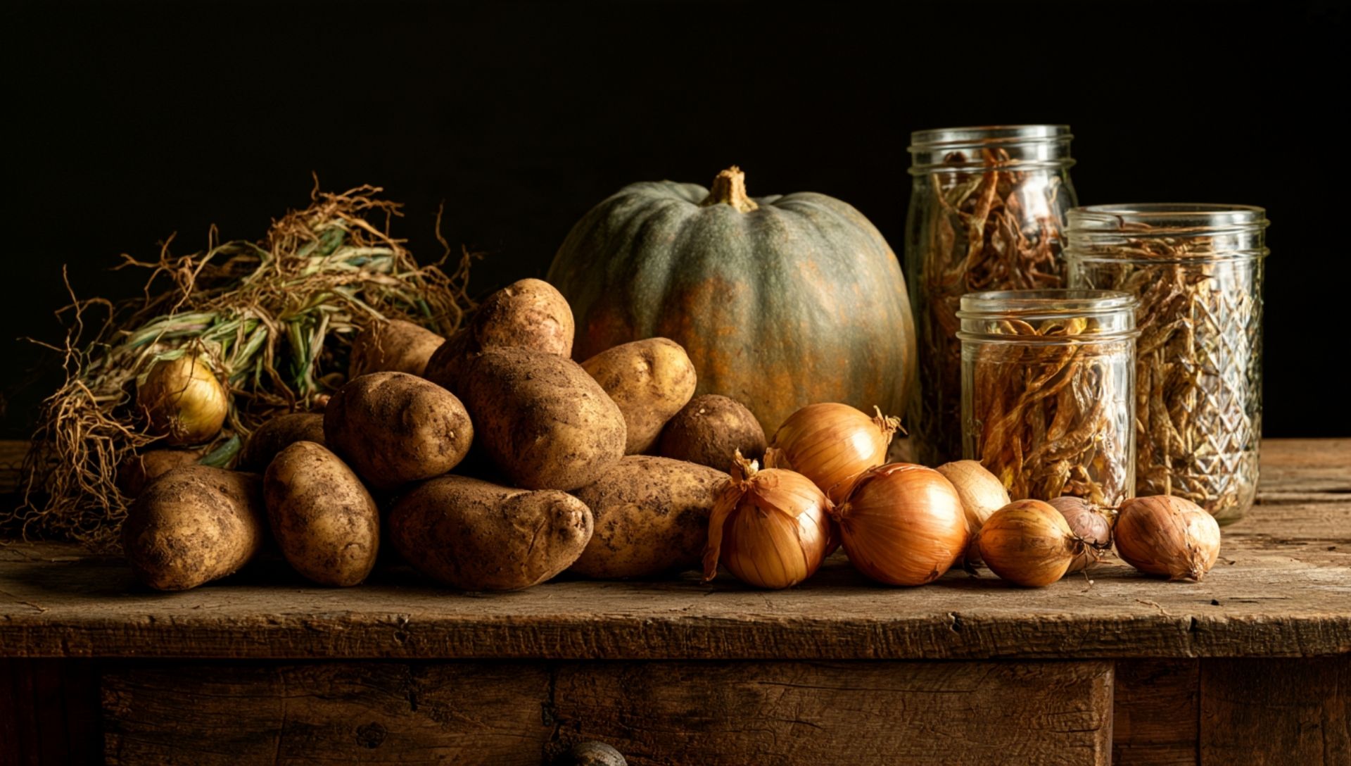 A rustic wooden table filled with harvested survival foods including Kennebec potatoes, winter squash, and dry beans from a self-sufficiency garden.