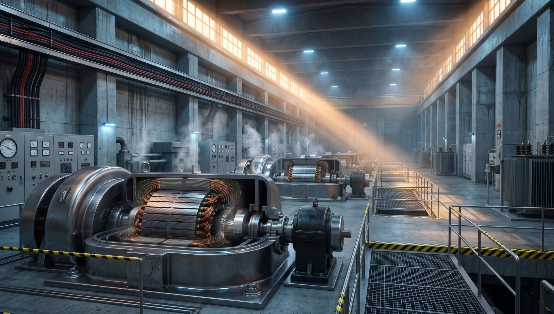The interior of a hydroelectric dam's generator room, showing massive cylindrical generators where magnetic rotors convert water flow into electricity.