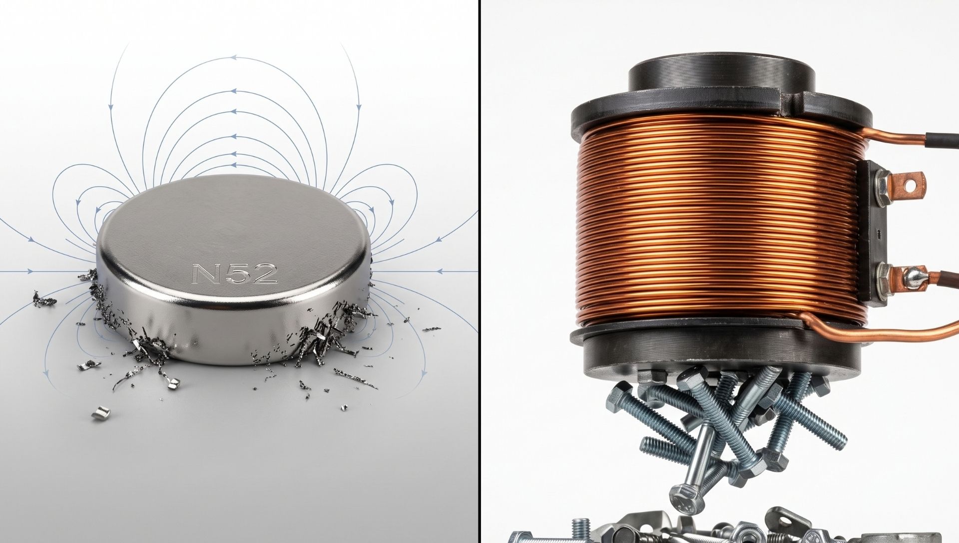 A side-by-side comparison of a metallic neodymium permanent magnet and a large industrial electromagnet wound with copper coils.