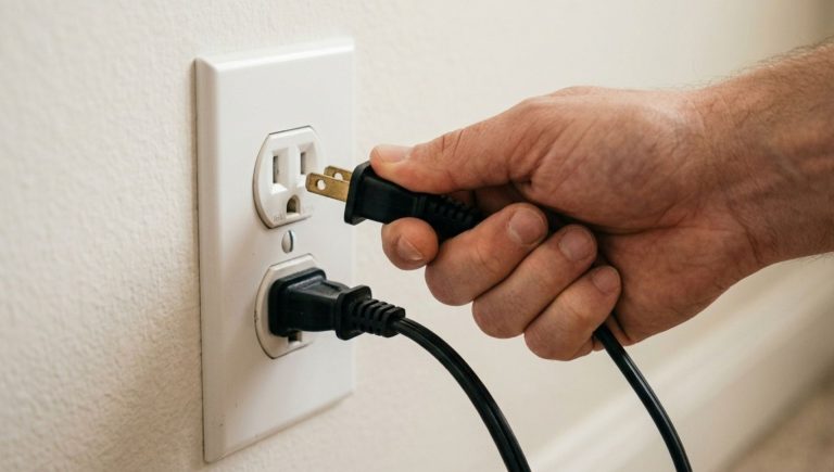 A hand pulling two white appliance plugs out of a standard wall electrical outlet to save energy and stop phantom power.