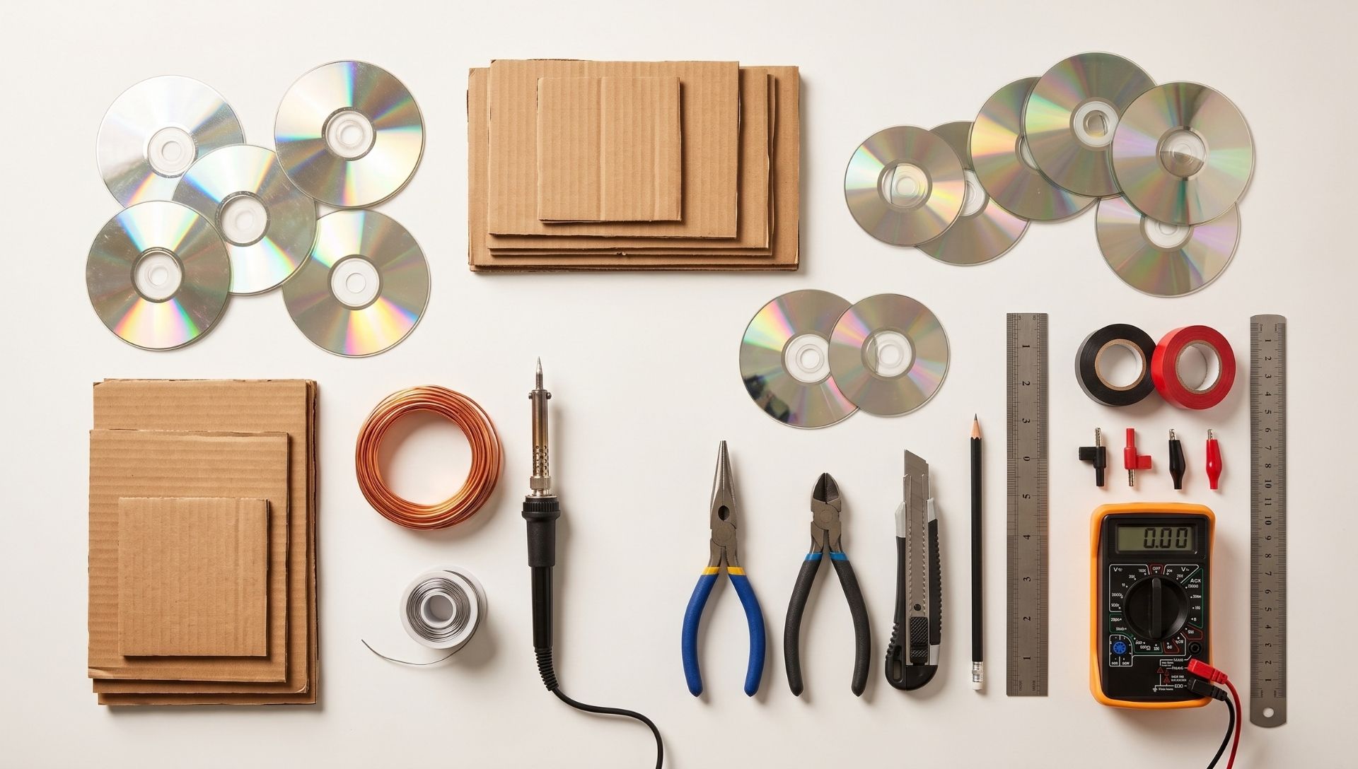 Flat lay of materials needed for a DIY CD solar panel including old CDs, cardboard, copper wire, soldering iron, and tools.