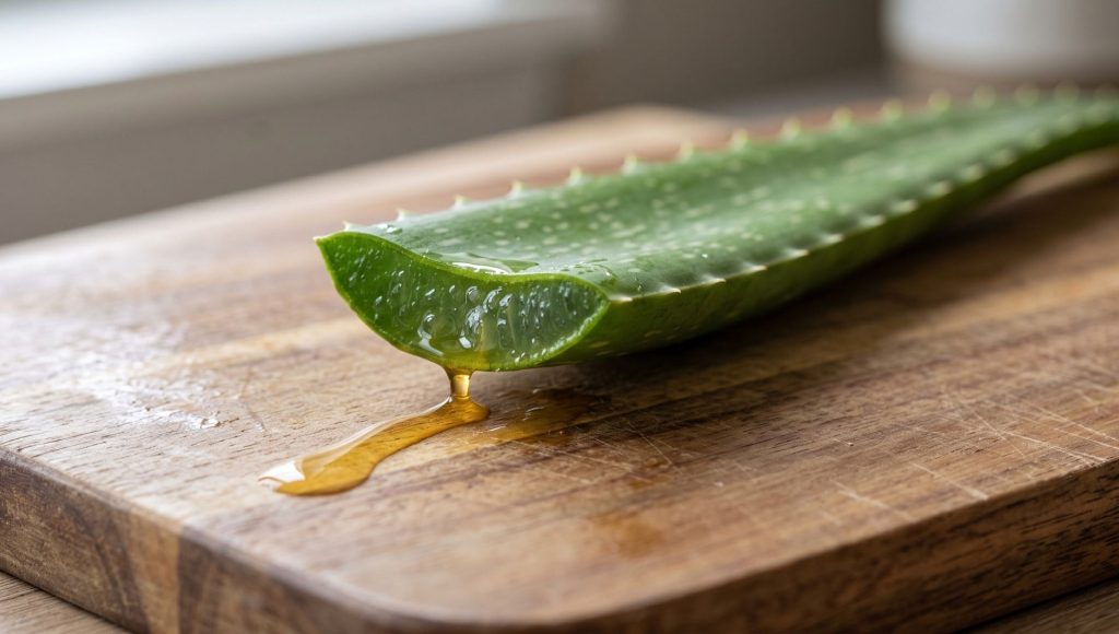 Close-up of a cut aloe vera leaf draining yellow sap onto a wooden cutting board.