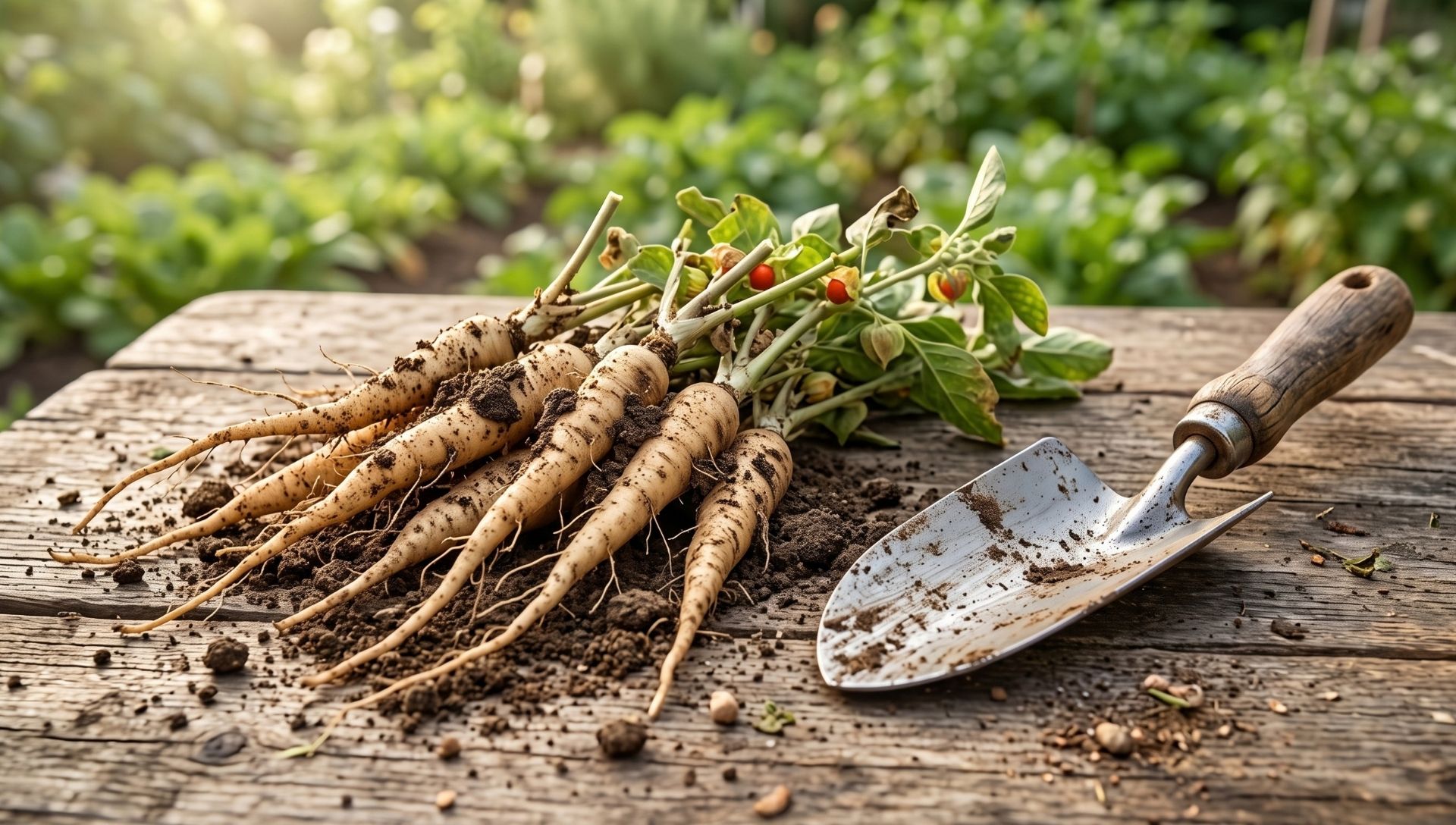 Freshly harvested ashwagandha roots covered in soil next to a gardening trowel.