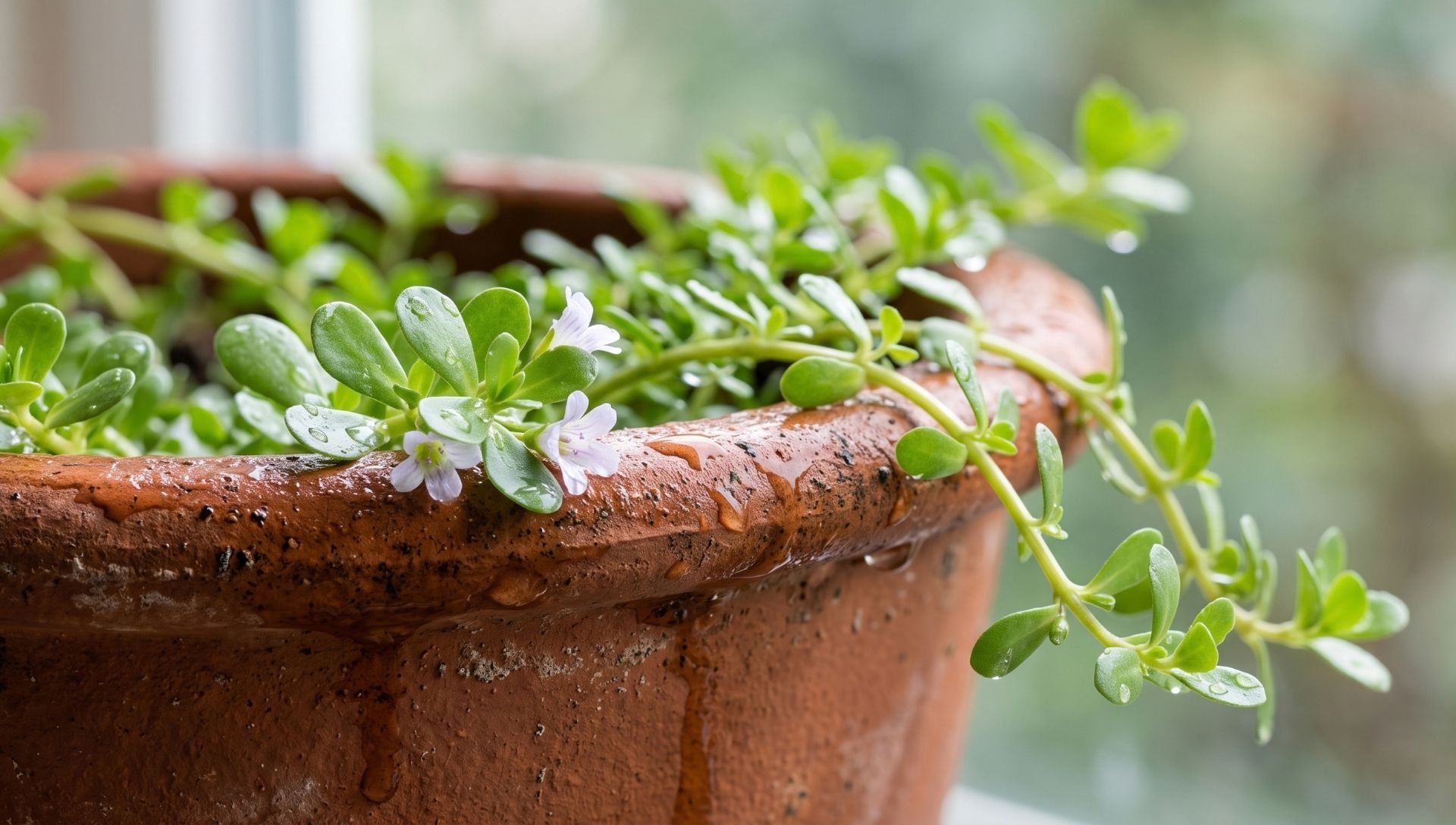 A close-up of small, fleshy Brahmi leaves trailing over the edge of a wet terra cotta pot.
