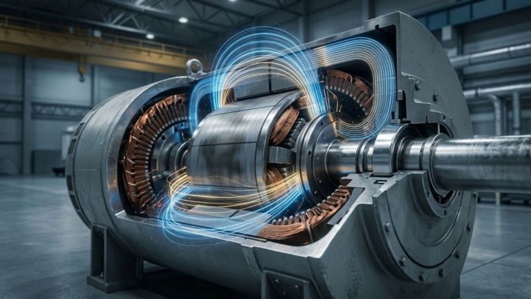 3D cross-section of a power generator showing glowing electromagnetic flux lines inducing electric current between the rotor and stator.