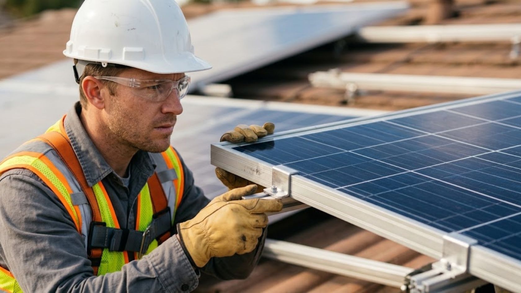 NABCEP-certified solar panel installer performing a quality check on residential solar panel mounting hardware.