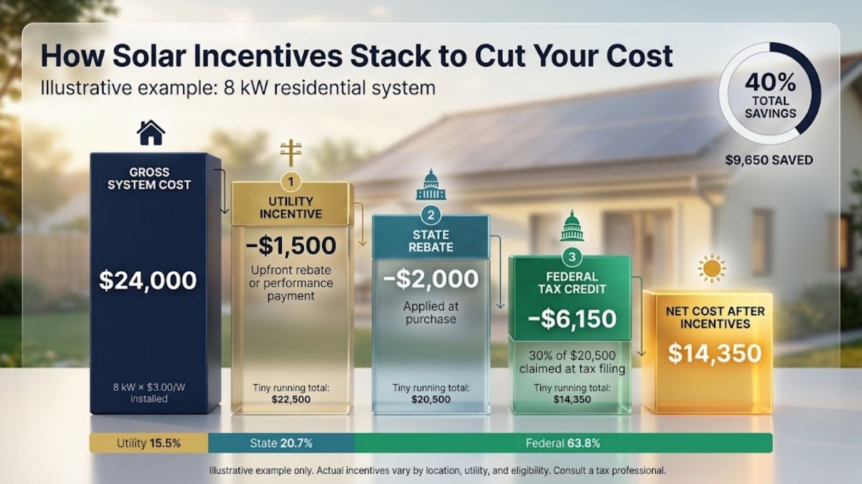 Infographic showing how federal tax credits, state rebates, and utility incentives stack together to reduce the total gross cost of a residential solar installation.