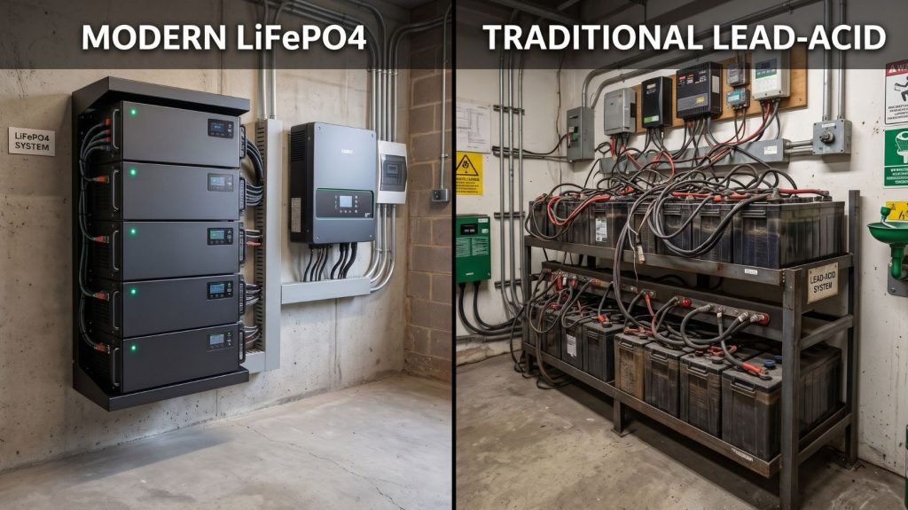 Side-by-side comparison of a modern lithium-ion solar battery bank and a traditional lead-acid battery system.