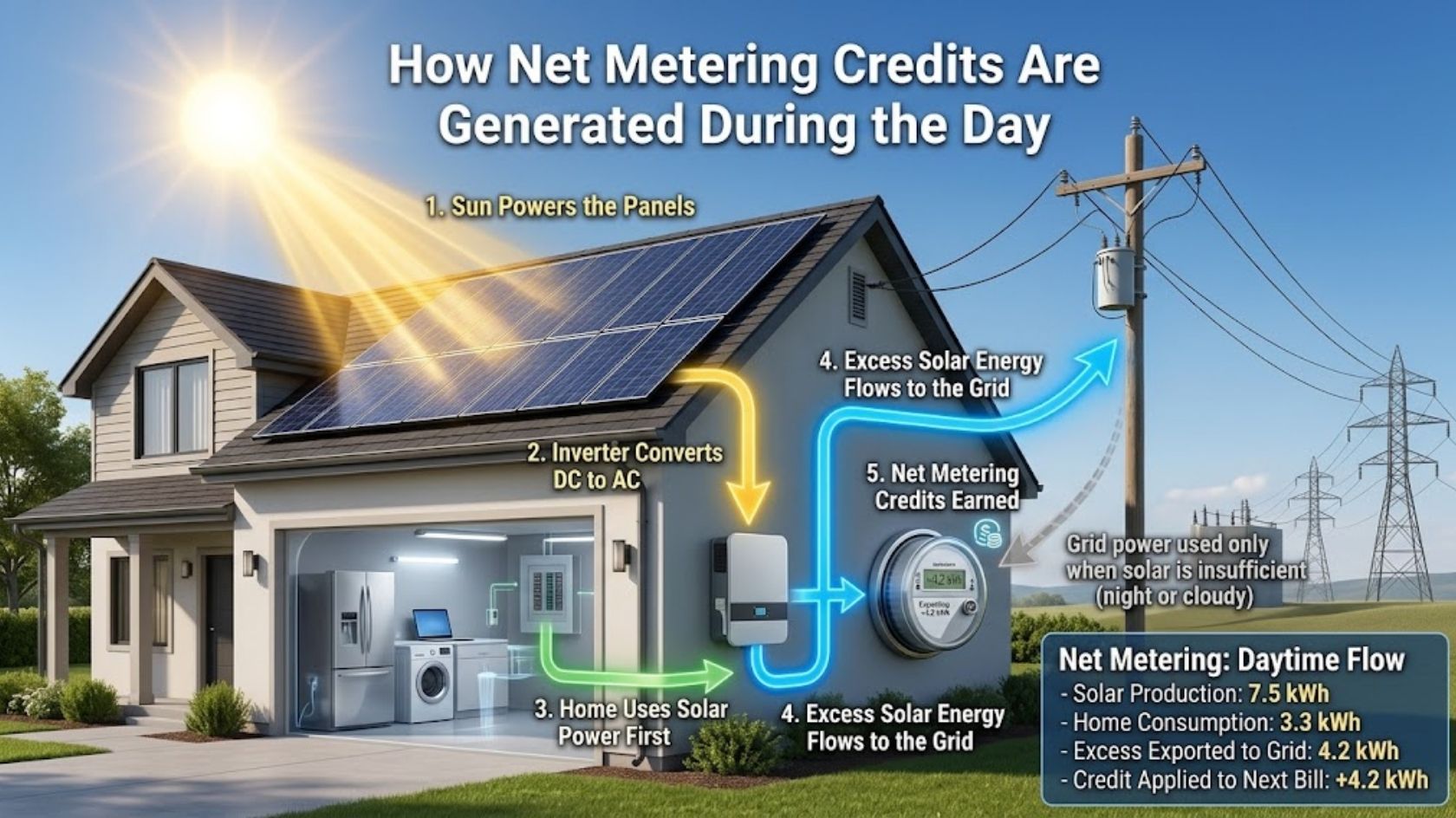 Diagram illustrating the flow of electricity between a solar-powered home and the utility grid, demonstrating how net metering credits are generated during the day.