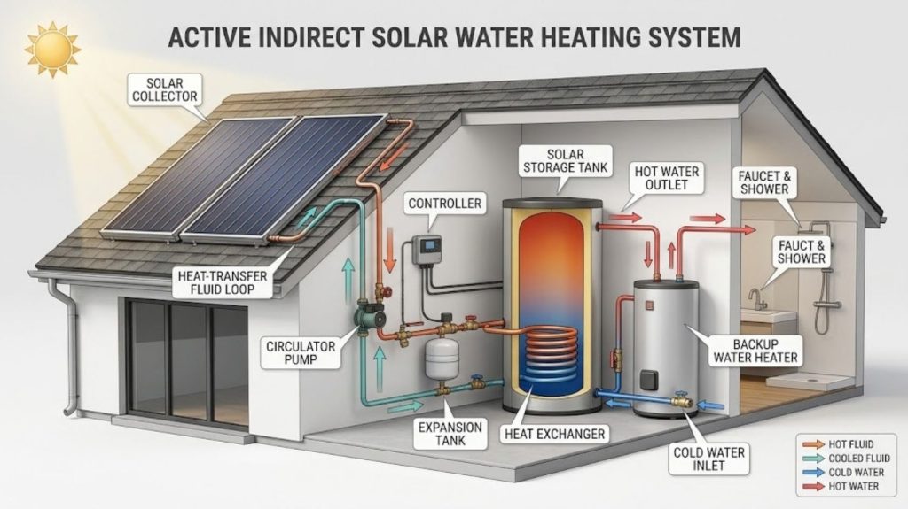 Diagram illustrating the components and fluid flow of active solar water heating systems, showing a roof-mounted solar collector, storage tank, and backup heater.