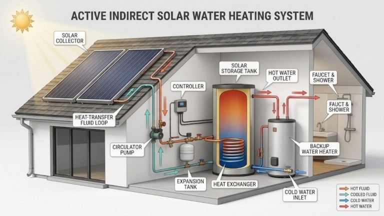 Diagram illustrating the components and fluid flow of active solar water heating systems, showing a roof-mounted solar collector, storage tank, and backup heater.