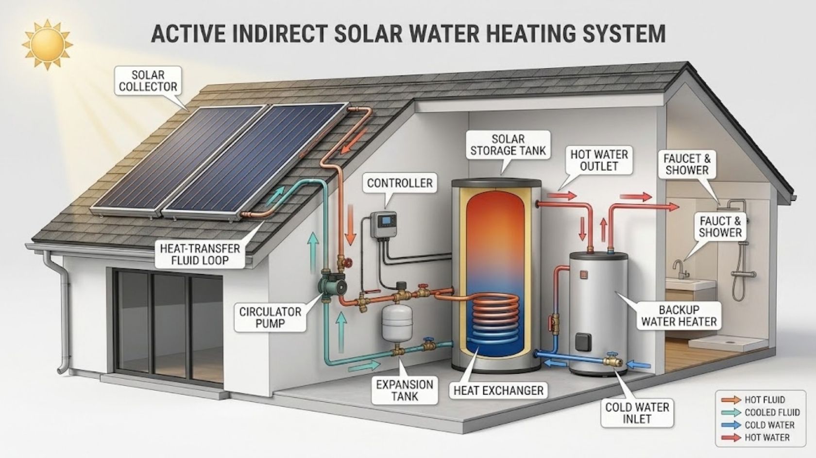 Diagram illustrating the components and fluid flow of active solar water heating systems, showing a roof-mounted solar collector, storage tank, and backup heater.