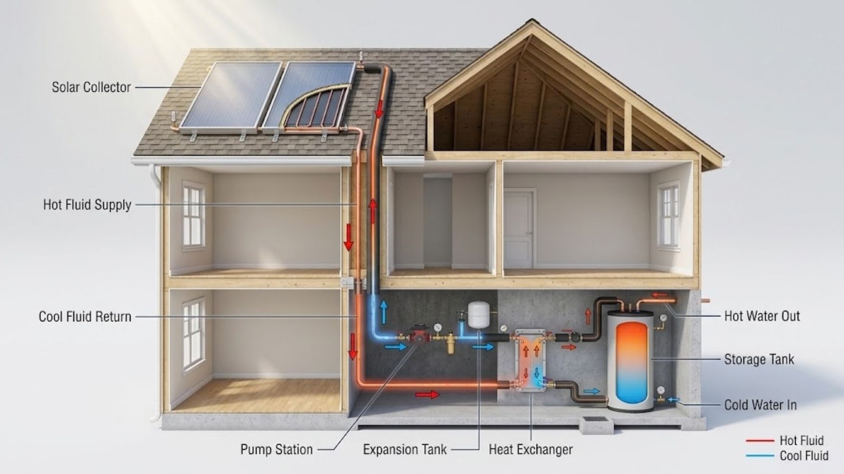 Diagram illustrating the components and fluid flow in an active indirect solar water heating system.