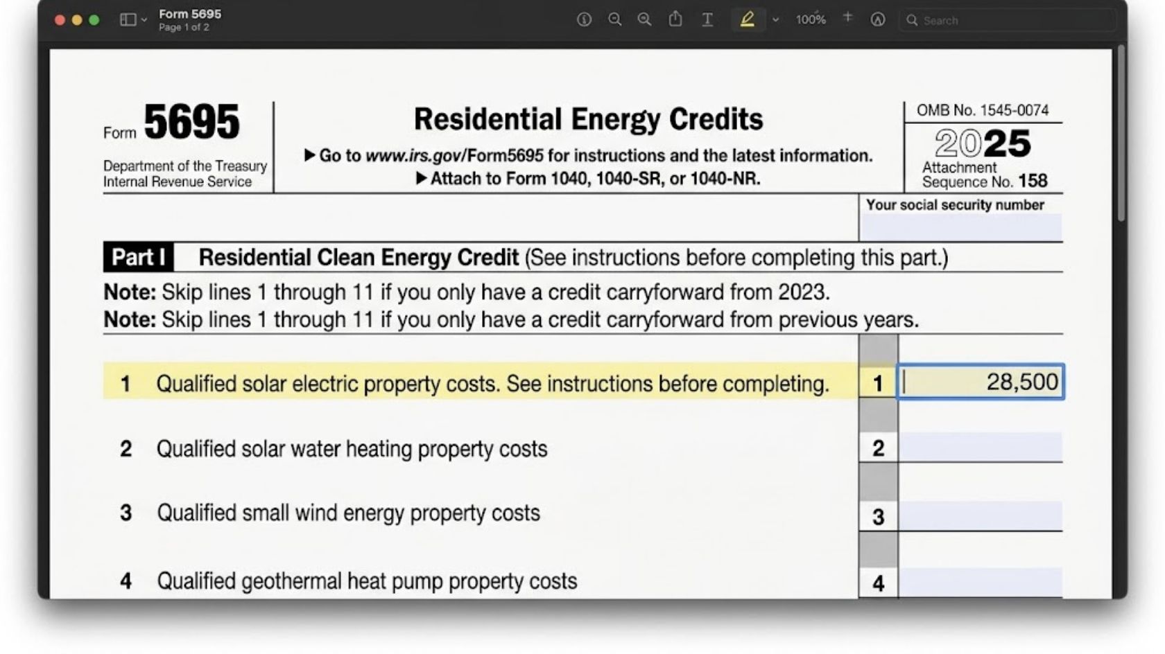 Sample screenshot of IRS Form 5695 showing where residential taxpayers input their qualified solar electric property costs.