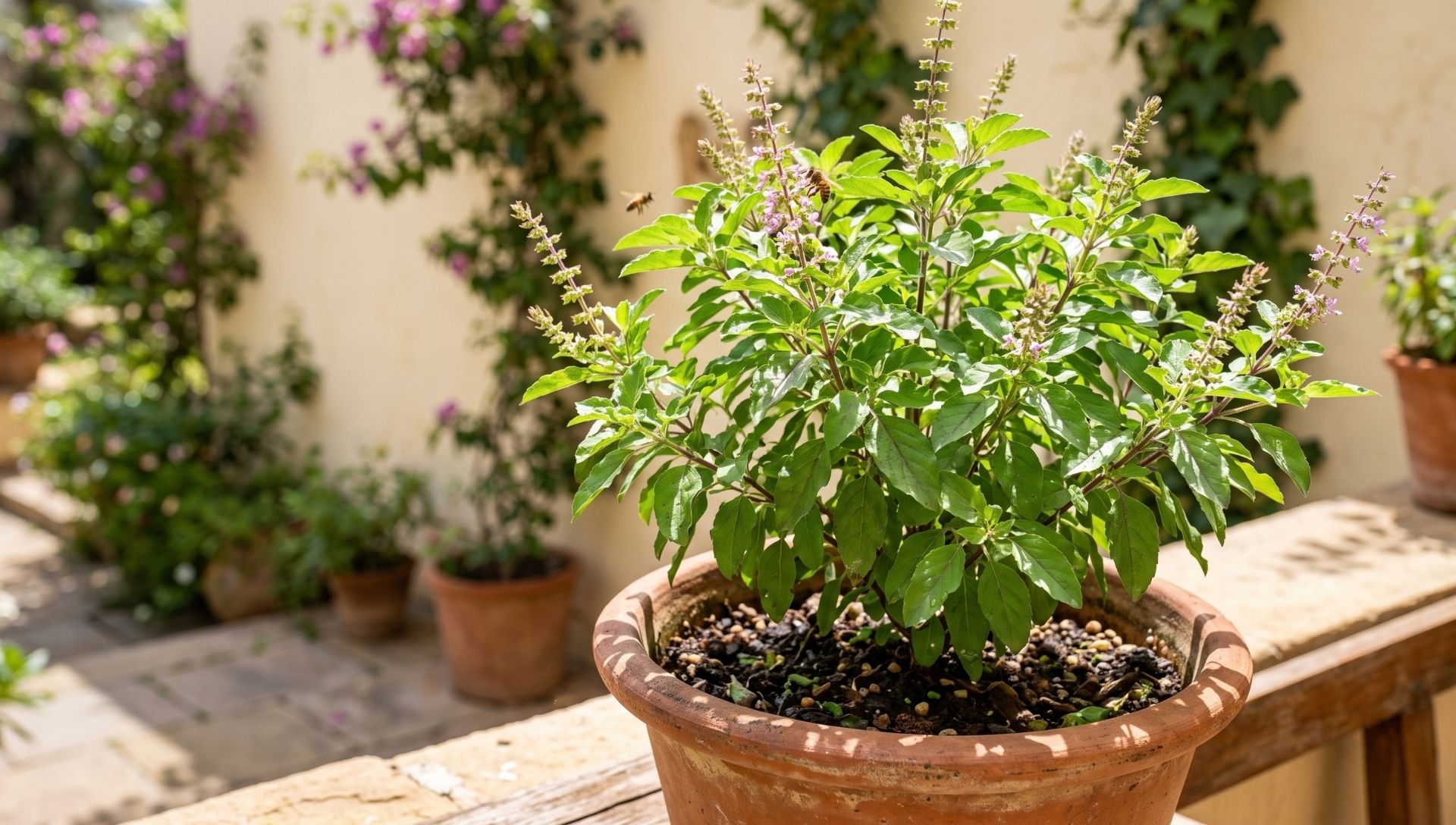 A thriving, bushy green tulsi plant growing in a terracotta pot in full sunlight.