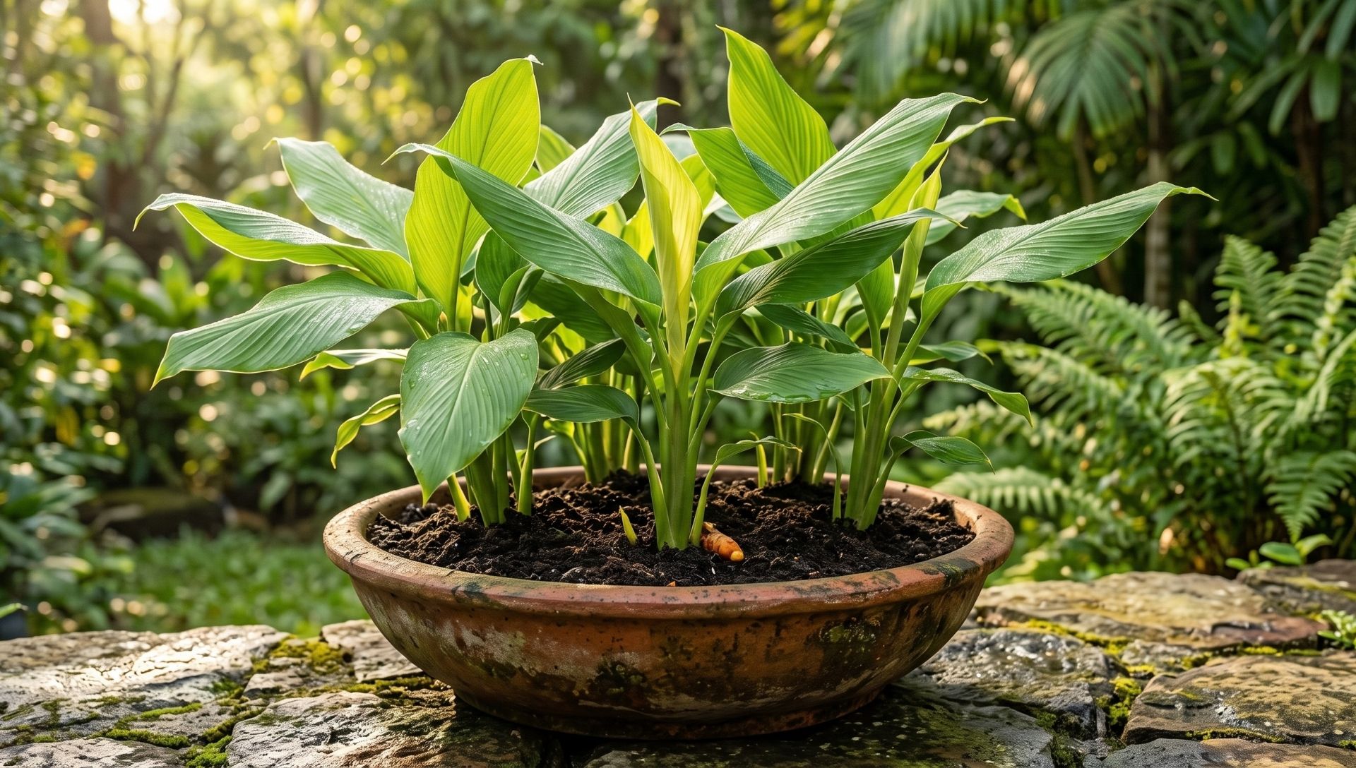 A wide, shallow container featuring broad, green turmeric leaves growing outdoors.
