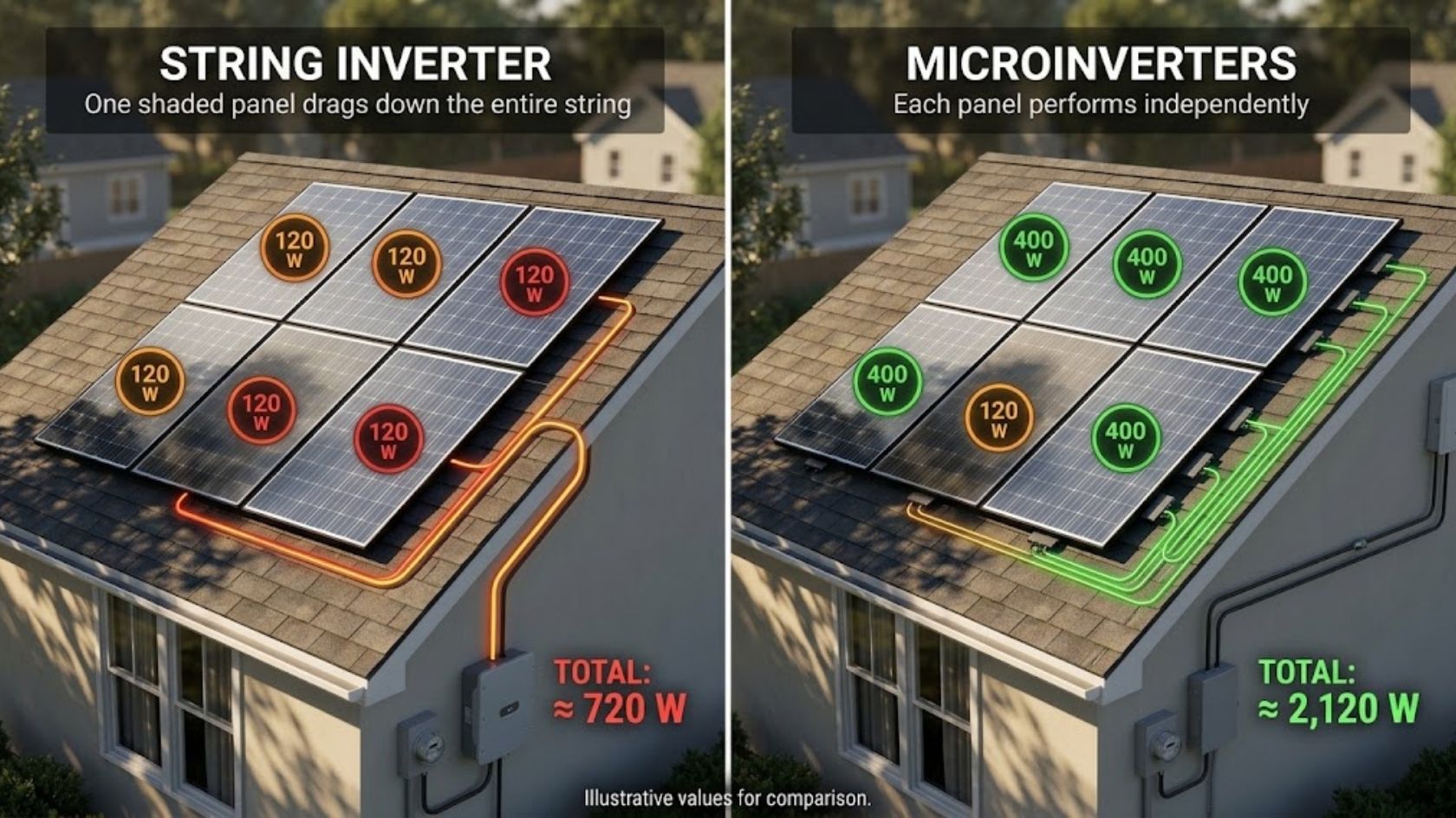 Diagram illustrating how microinverters prevent shaded solar panels from reducing the power output of the entire solar array.